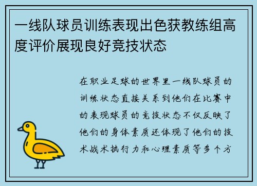一线队球员训练表现出色获教练组高度评价展现良好竞技状态